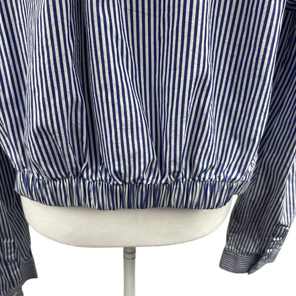 Seersucker Cropped Shirt Sz XL Blue Striped Summer Beach Front Twist Office - Picture 6 of 9